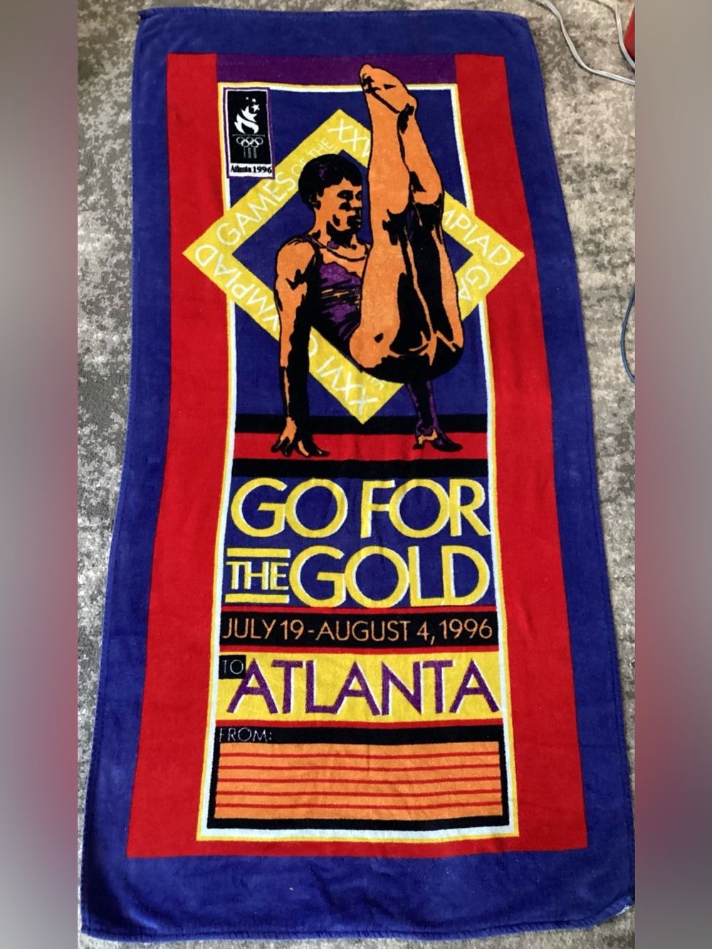 Vintage Olympics 1996 Beach Towel Atlanta Olympics GO FOR THE GOLD Cotton Cannon